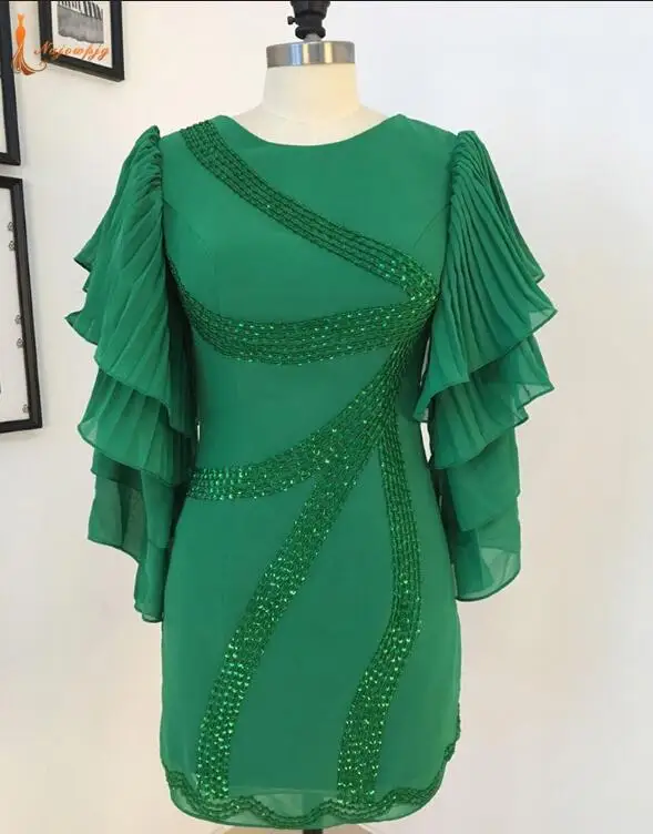 Najowpjg Custom Fit открытой спиной Pleat с длинным рукавом блестящие Бисер блестки Зеленый шифон вечерние платье Свадебные платья коктель - Цвет: picture color
