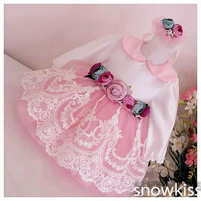 

New Elegant Long Sleeves Knee-Length Blush Pink flower girls dresses glitz pageant dresses baby Birthday Party Dress ball gowns