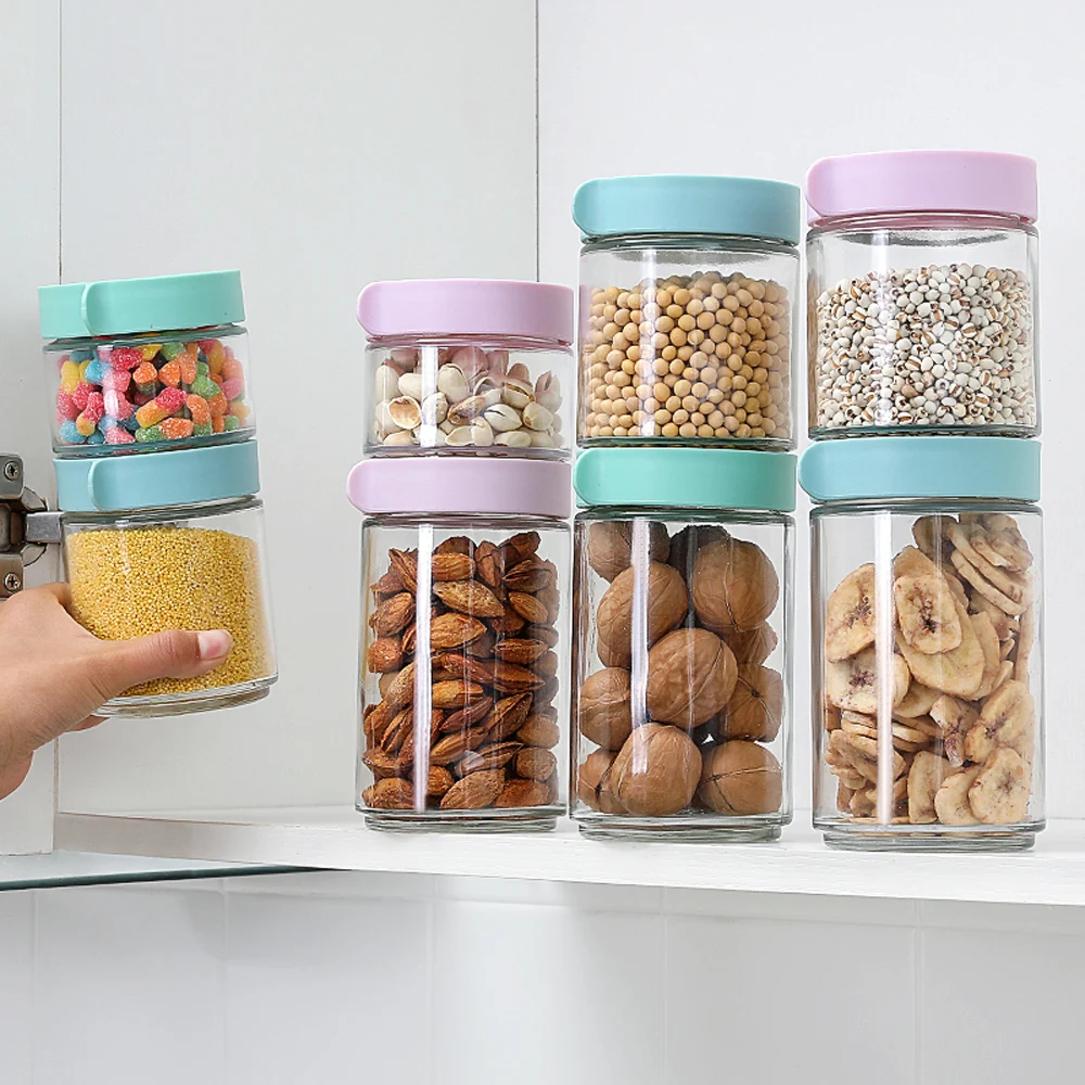 

Stackable Transparent Glass Sealed Jar Simple Kitchen Honey Candy Jars Bottle with Lid Home Coffee Beans Tea Seal Storage Cans