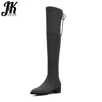 

JK Thick Heels Women Boots Winter Over The Knee Stretch Boot Round Toe Flock Cross Tied Footwear 2018 New Fashion Female Shoes