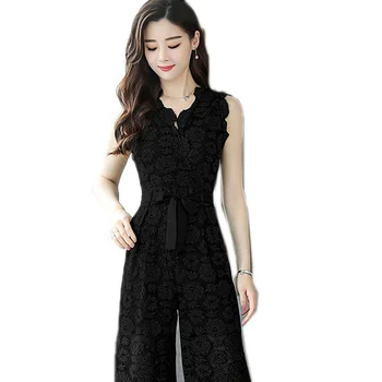 

Summer bodysuit 2019 new lace suede skirt slim temperament wide leg pants fashion rompers womens jumpsuit belt V-neck bodysuit