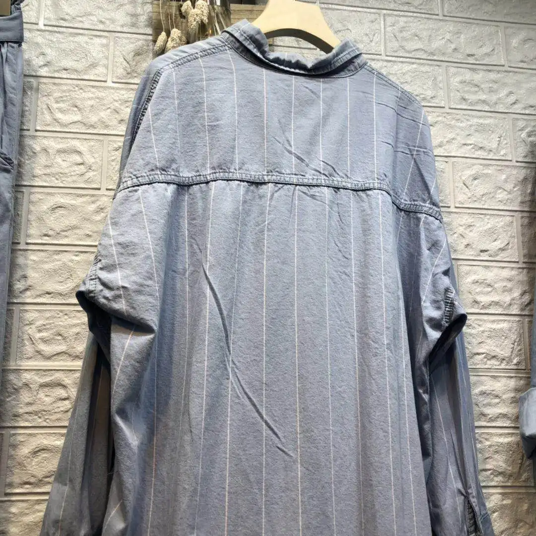 Распродажа, обычная Корейская блузка, Blusa, женская новая рубашка, простая, с отворотом, однобортная, с двойным карманом, спереди, в полоску, женская одежда