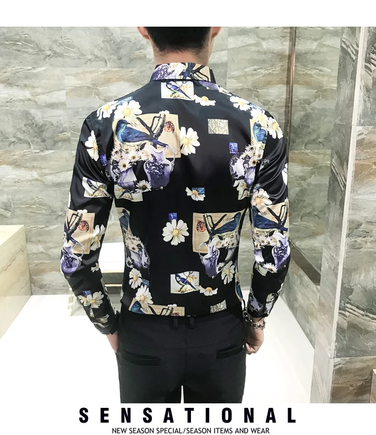 Новые осенние Для мужчин рубашка Марка Slim Fit цифровой печати социальные рубашки платье с длинным рукавом Повседневное ночной клуб мужские