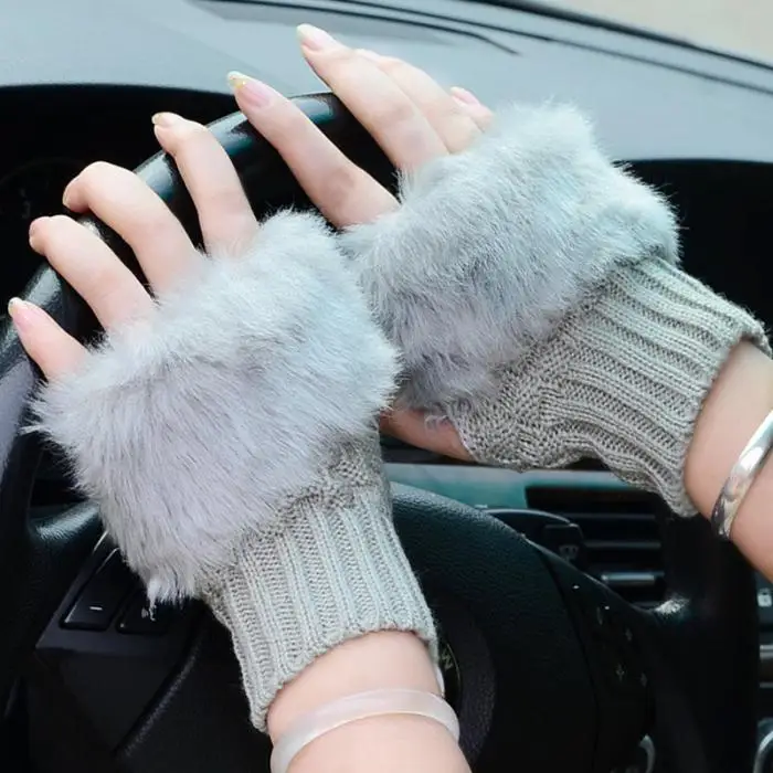Модные зимние женские вязаные перчатки, плюшевые, искусственный мех, шерсть, сохраняющие тепло, без пальцев, короткие перчатки для девушек, перчатки на половину пальцев