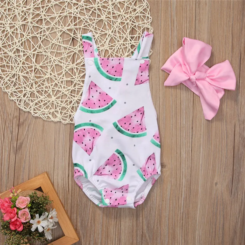 

2018 Multitrust Newborn Baby Girl Romper Clothes Summer Sleeveless watermelon Backless Jumpsuit +Headband 2PCS Outfits Sunsuit