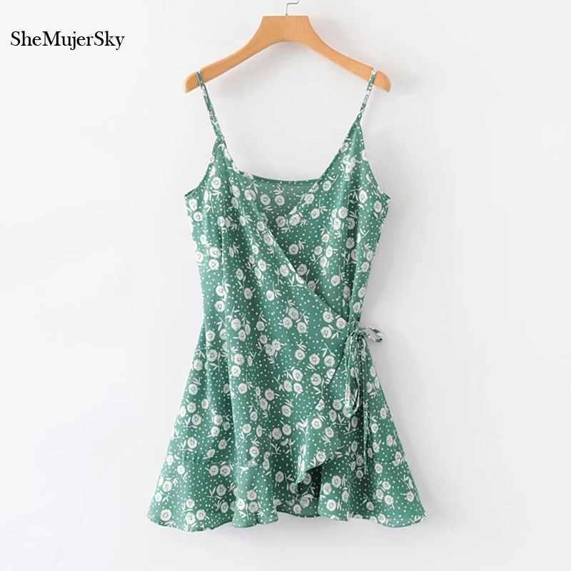 

SheMujerSky Summer Floral Women Dress Strappy Ruffles V-neck Wrap Dress 2019 Bandage Dresses sukienka