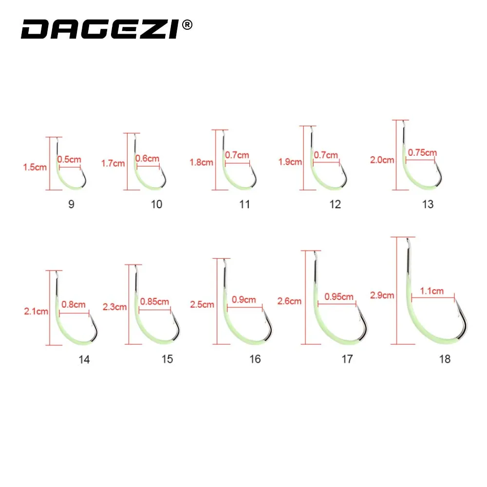 DAGEZI 10Pcs/Lot High Carbon Steel Luminous Fishing Hook #9-#18 Fishhooks Durable Pesca barbed hook Fishing Tackle