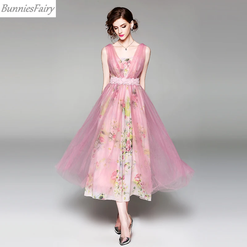 BunniesFairy 2019 летнее женское шифоновое Сетчатое длинное платье средней длины с