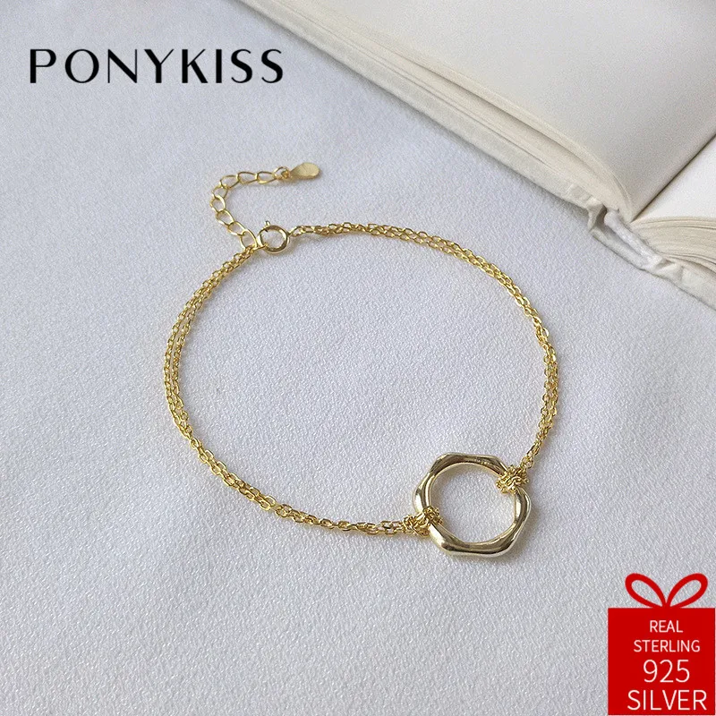 

PONYKISS Trendy 100% 925 Sterling Silver Chic Hollow Hexagon Bracelets Fine Jewelry Women Party Creative Accessory Fine Jewelry