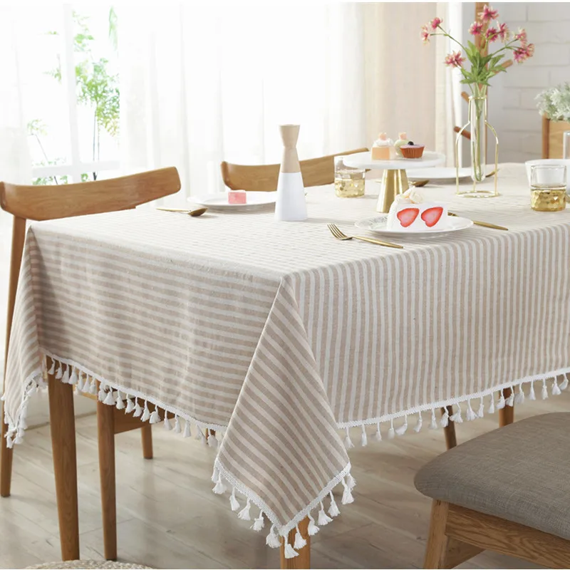 Декоративная скатерть с кисточками, полосатая скатерть, прямоугольная скатерть для дома, кухни, обеденного стола, скатерть для отеля - Цвет: Beige