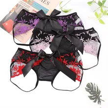 Сексуальные вышитые трусики с открытой промежностью, прозрачные цветочные кружевные трусики с низкой талией