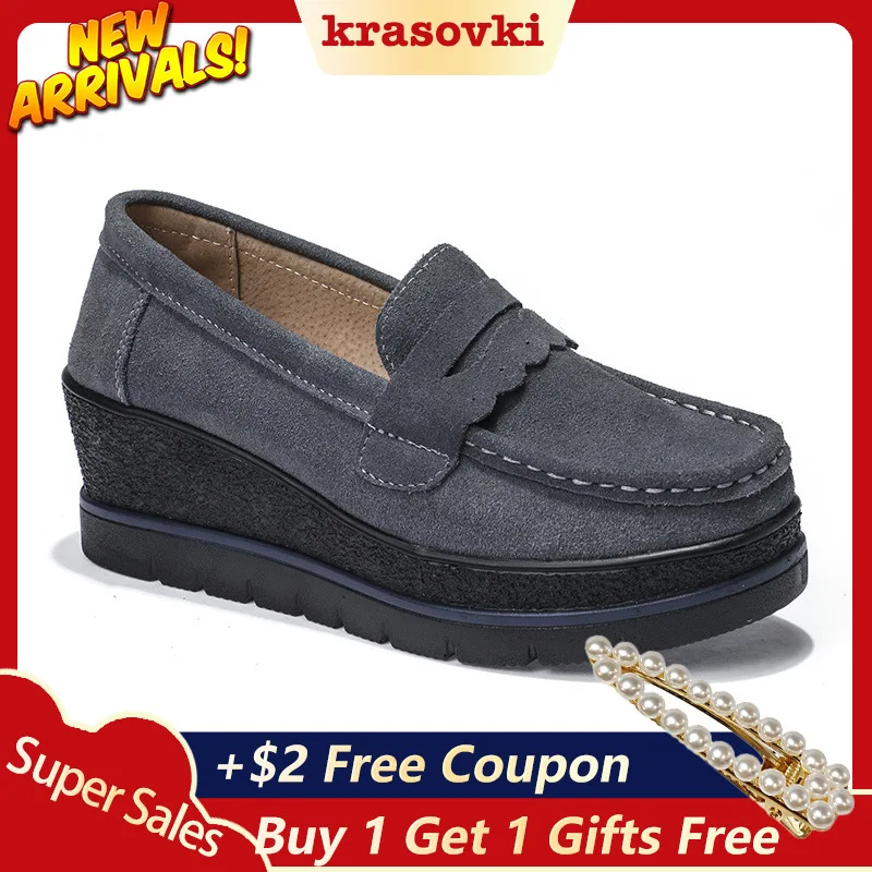 

Krosovki Brand Women Shoes Genuine Leather Wedges Platform Slip on Creepers Moccasins Shoes Slipony Female Suede Women Sneakers