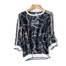 Шелк вязать для женщин Мода печатных футболка сращены Oneck футболки с короткими рукавами назад/плечо Пряжка один и более размеры