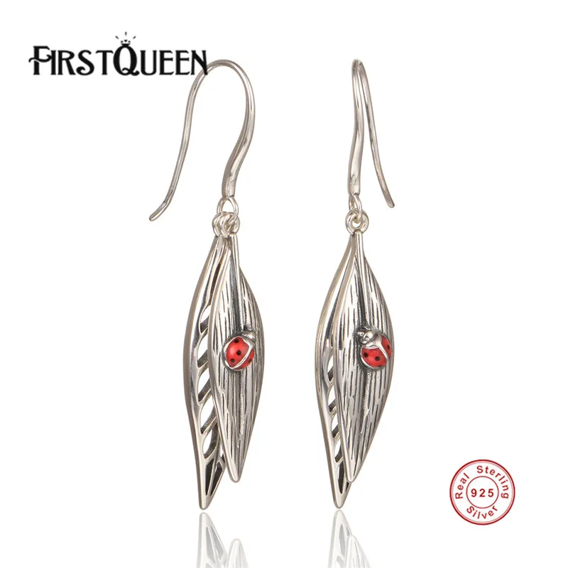

FirstQueen 100% 925 Sterling Silver Good Quality Nature Leaf With Bettle Earrings Push-Back Clasp Women Earrings Jewelry