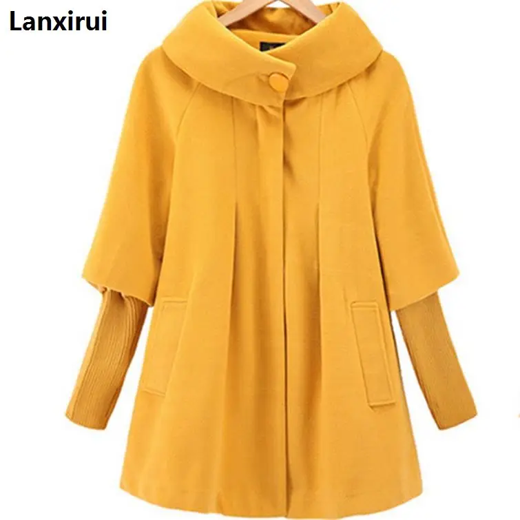 

new winter women Cape loose knitted sleeves Woolen coat windbreaker jacket plus size
