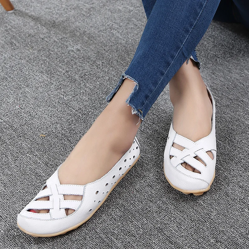 

Women Flats Genuine Leather Shoes Slip On Ballet Flats Moccasins Loafers Hollow Ballerina Shoes Women Fashion Casual 2019 New