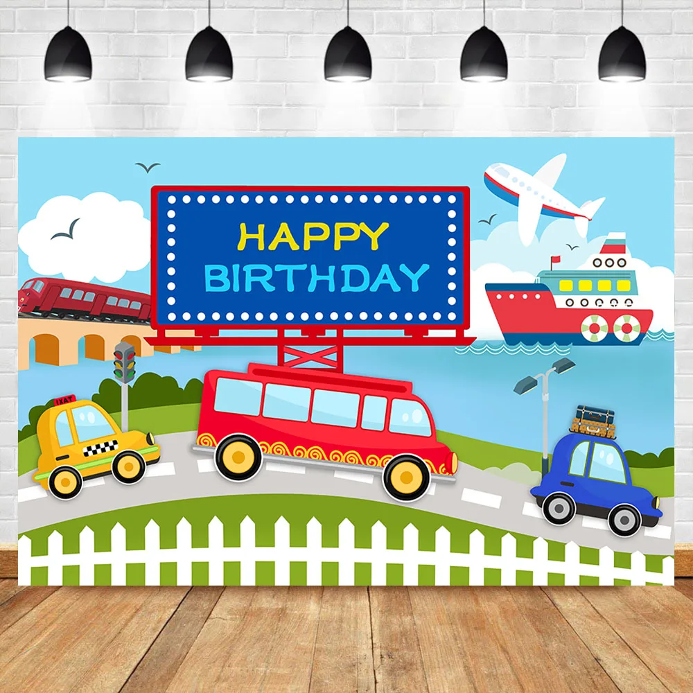 

Transportation Birthday Party Backdrop Public Automobile Background Vehicles Cars Train Travel Child Party Banner Backdrops