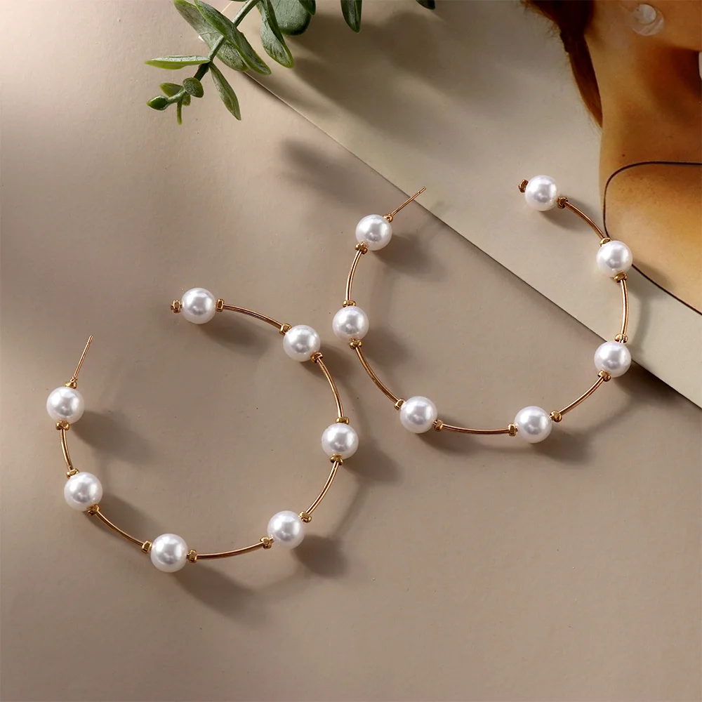 Boho White Imitation Pearl Round Circle Hoop Earrings Women Gold Color Big Earings Korean Jewelry Brincos Statement Earrings