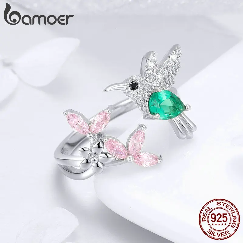 BAMOER 100% 925 Sterling Silver Adjustable Hummingbird Gift Luminous Clear CZ Finger Rings for Women Silver Jewelry BSR016