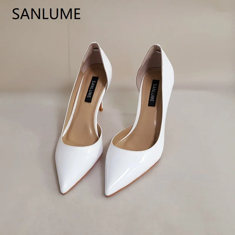 

SANLUME 8.5 cm White patent high heels pumps office shoes women Elegant handmade Head layer cowhide pointed toe Thin heel