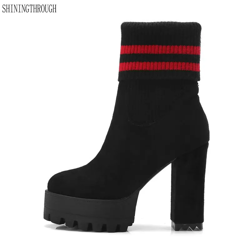 

Fashion Women Mid-Calf Boots Autumn Winter Warm High Heels platform Shoes Woman Elegant Slip-on Quality Stretch Boots
