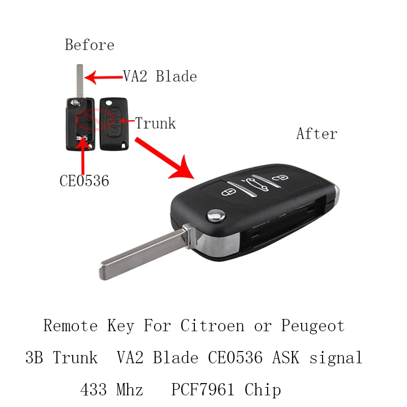

3 Buttons VA2 Blade 433MHz PCF7961 chip Flip Remote Key For Peugeot 207 307 308 407 607 For CITROEN ASK signal