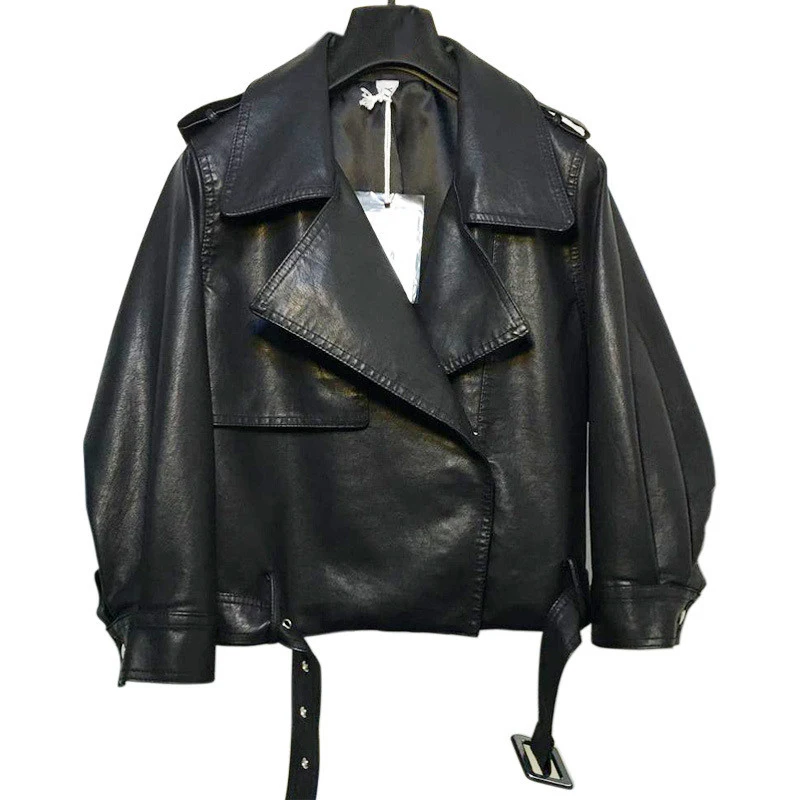 Женское кожаное пальто на молнии в стиле бойфренда, Осенние Мотоциклетные Куртки из искусственной кожи ouc3381 - Цвет: Черный