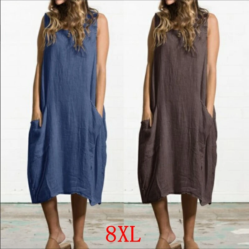 

Women's plus size dress plus size 5XL 6XL 7XL 8XL summer round neck sleeveless casual loose large size pocket blue dress