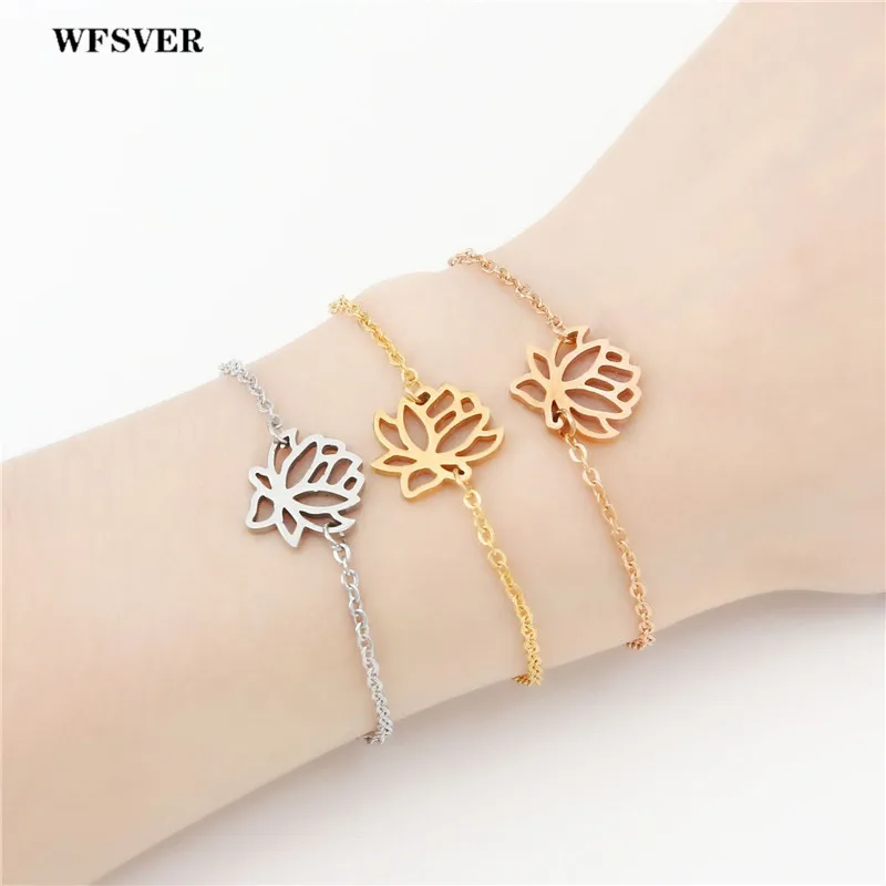 

WFSVER Adjustable Stainless Steel Bracelet With Lobster Clasps For Women Girls Charms Flower Lotus Link Chain Bracelet Jewelry