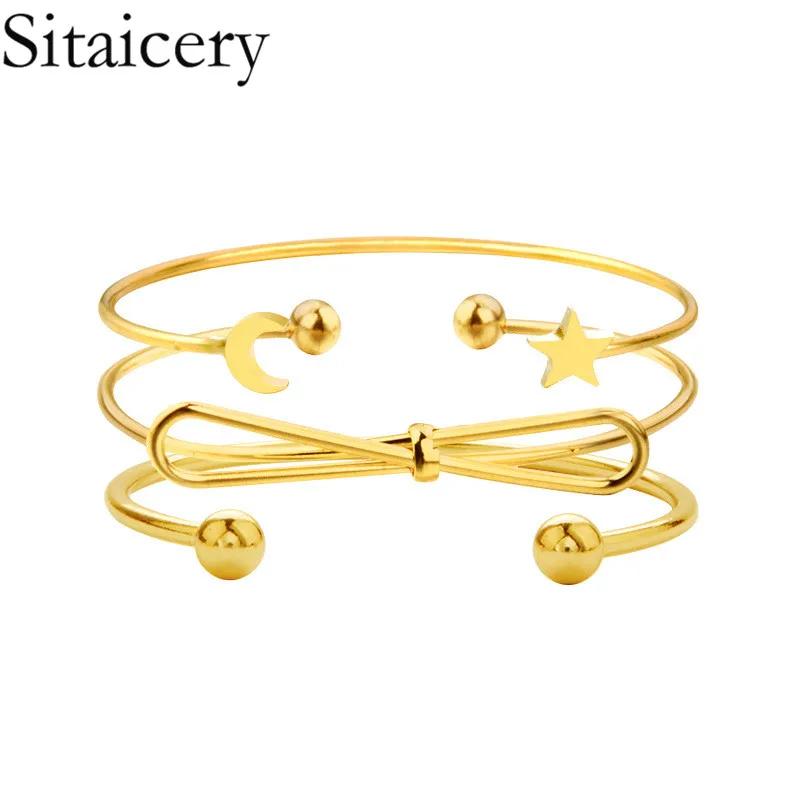 

Sitaicery 3PCS/Set Women's Fashion Star Moon Bow Knot Gold Bracelet Set Bohemian Friendship Bracelets Vintage Jewelry Wholesale