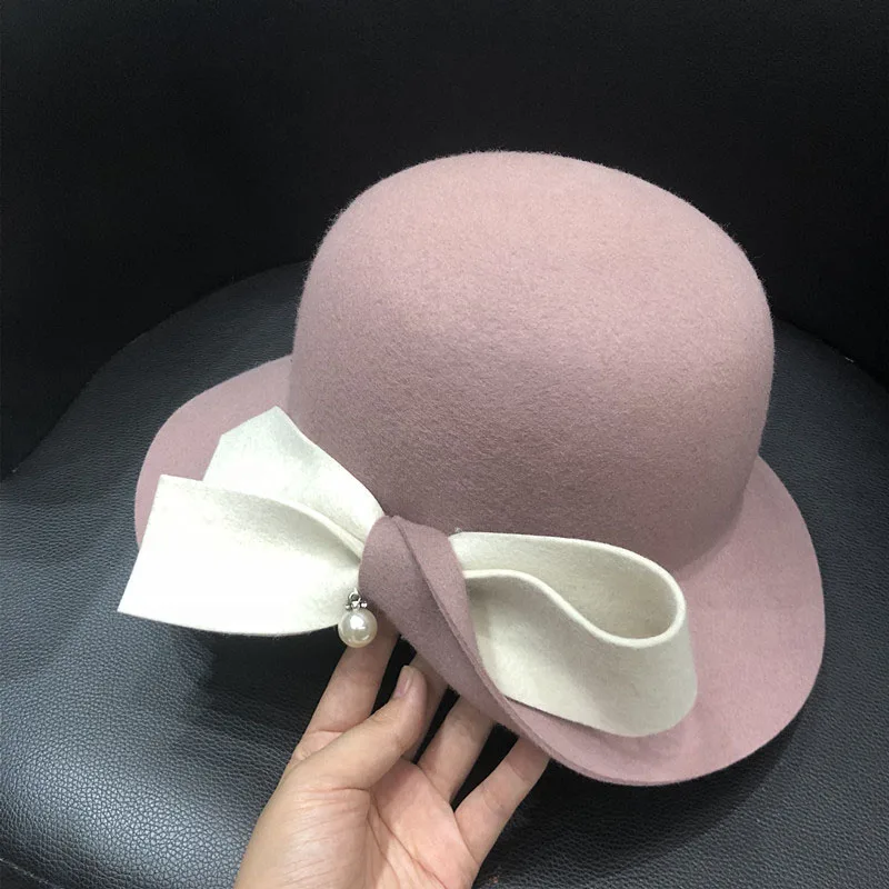 QDKPOTC новые брендовые качественные шерстяные фетровые шляпы женская шляпа-федора Кепка с большим бантом ведро элегантные женские фетровые шляпы