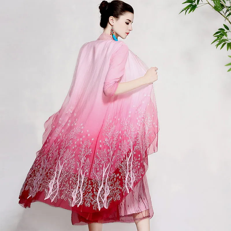 

Vintage royal floral summer coats woman dress embroidery Windbreaker loose lady elegant silk organza trench coat female M-XL