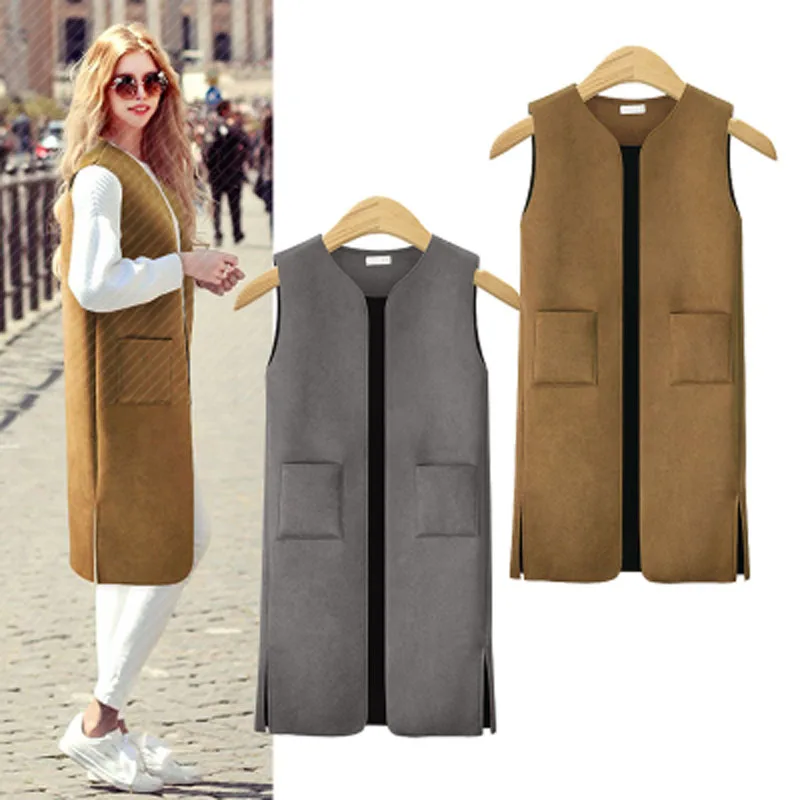XL - 5XL autumn and winter new vest jackets large size women faux leather long waistcoat suede coat female gray brown clothing