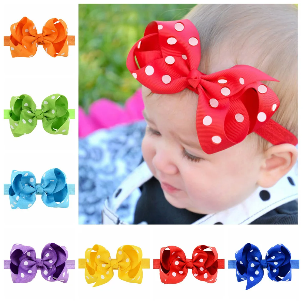 20pcs/lot little Girls Dots Headband Head Wraps Elastic Bands Grosgrain Ribbon Bows Tiara