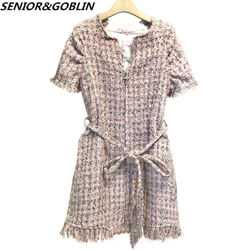 

High Quality Slim Retro Wool Winter Dress Autumn Runway Tweed Women Short Sleeve Tassel Fringe Trim Vintage Dresses Vestidos