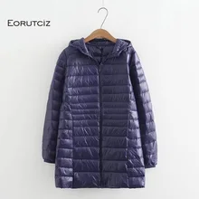 EORUTCIZ, зимнее длинное женское пальто, большие размеры 7XL, ультра-светильник, куртка с капюшоном, винтажное теплое Черное Осеннее пуховое пальто LM143