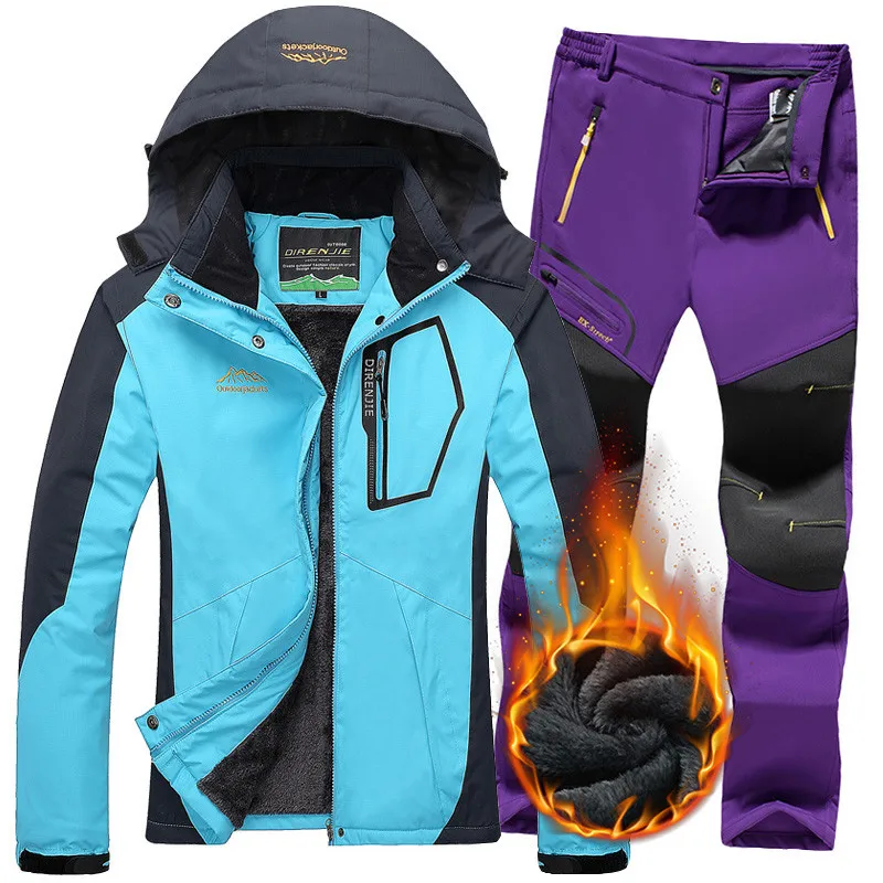 Женские лыжные костюмы, водонепроницаемая куртка, брюки, термо флисовое пальто, уличные Горные лыжи, сноуборд, зимняя женская куртка, брюки размера плюс