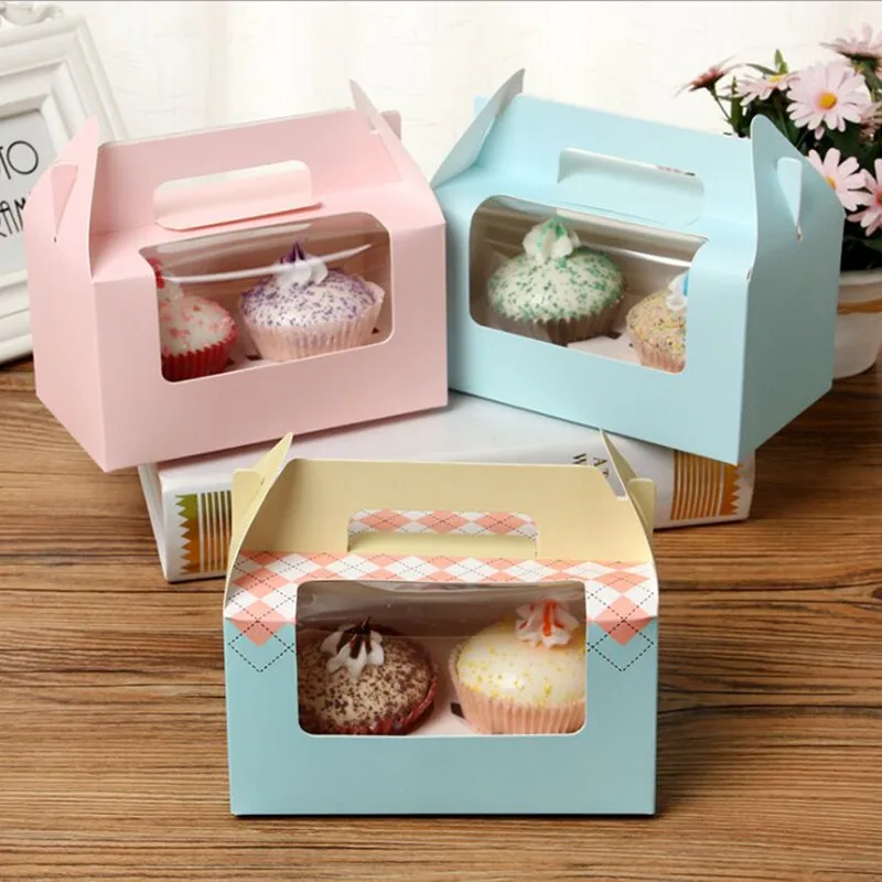 

New DIY hot sale 5pcs 16.5x9.3x9cm 4 color Transparent hand held mousse Cupcake box 2 cupcakes single muffin cup box cake box