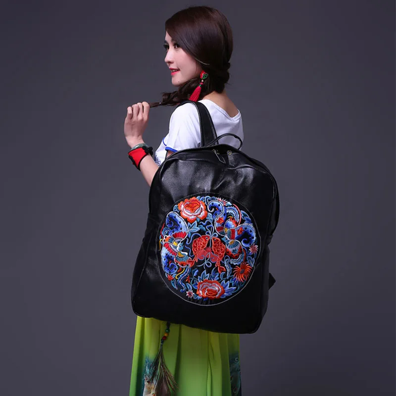 Винтажные вышитые черные рюкзаки женские классические школьные для девочек модные школьные сумки из натуральной кожи высокого качества рюкзак для колледжа