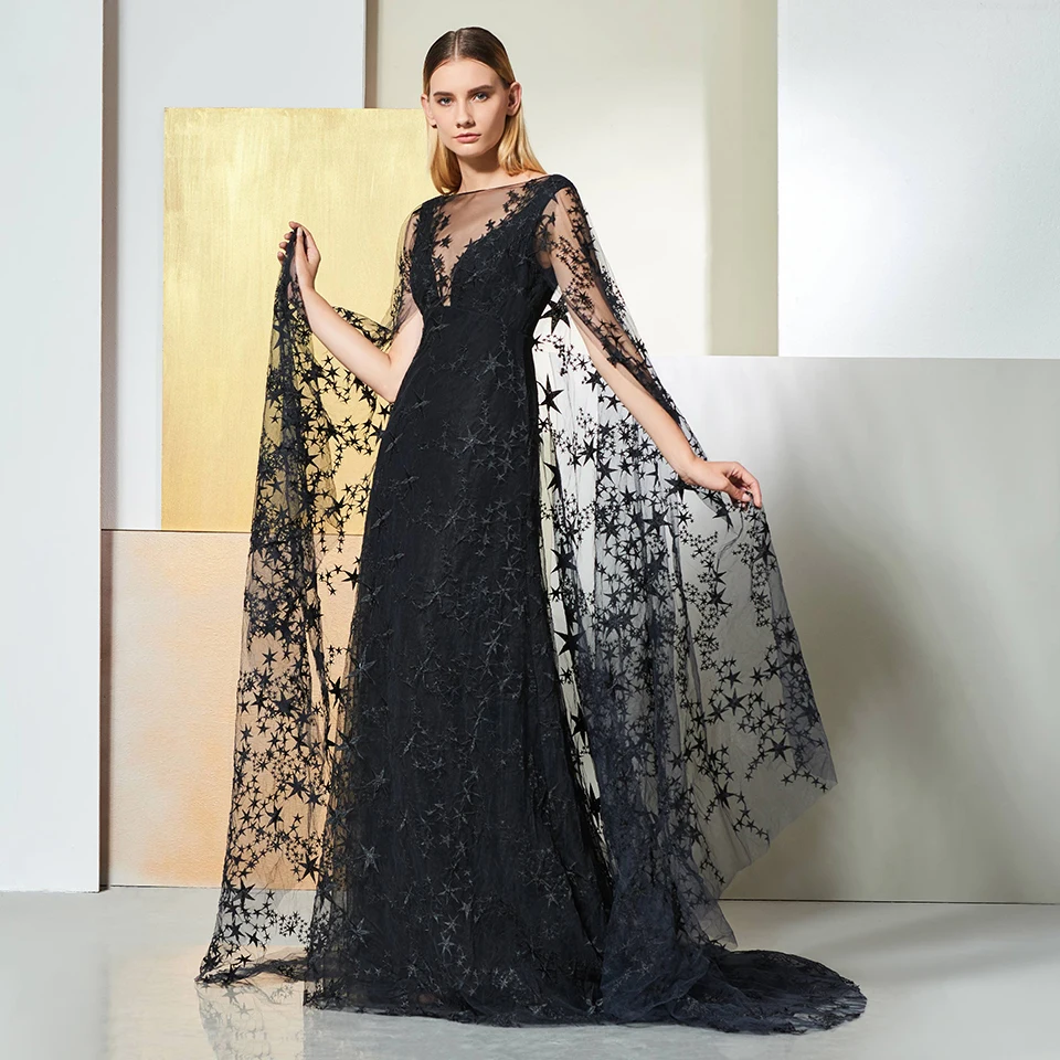 Dressv black elegant off the shoulder evening dress long sleeves lace a line wedding party formal dress evening dresses Dressv black elegant off the shoulder evening dress long sleeves lace a line wedding party formal dress evening dresses