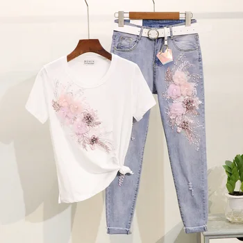 

2019 Summer Fashion Beads Embroidery Three-dimensional Flower T-shirt + Broken Small Foot Jeans Two Piece Lady Jeans Suits Femme