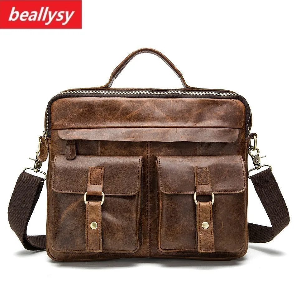 

crazy horse Genuine Leather Men Bag male retro Tote Shoulder Crossbody Bag messenger mens vintage business bag Laptop Briefcases