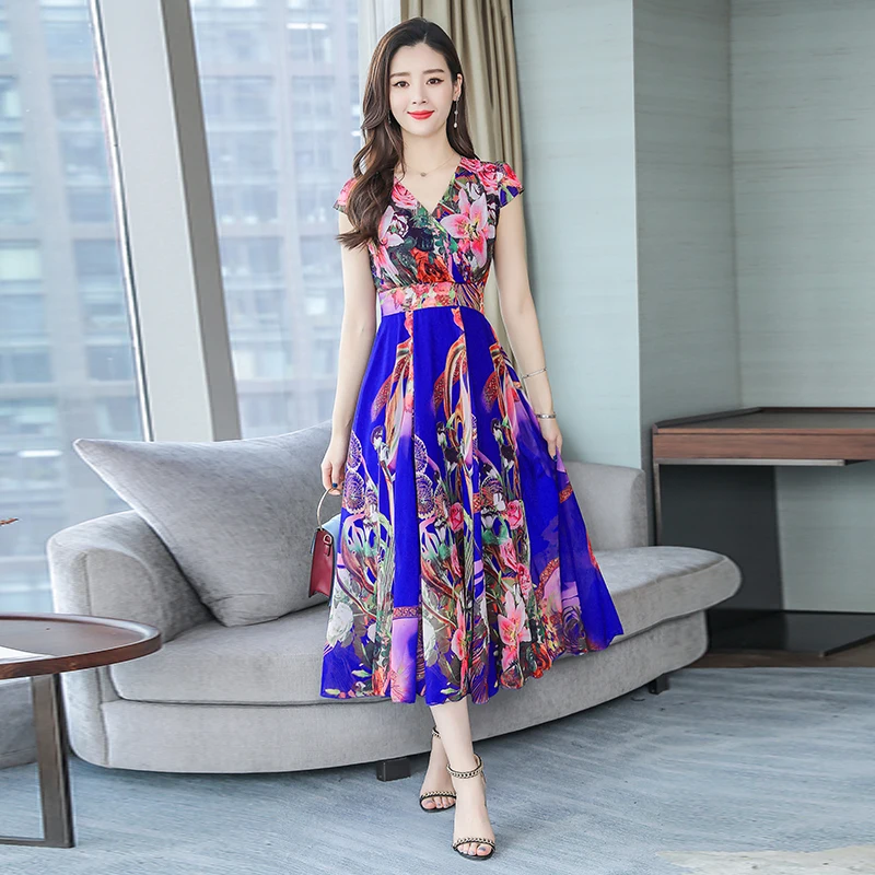 

Summer Chiffon Print Bohemian Beach Dress 2019 New Arrival Elegant Women Maxi Dress V-neck Casual Loose Plus Size Dress Female