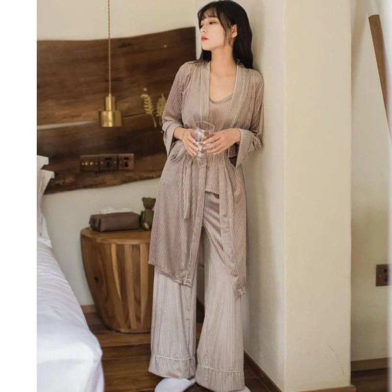 

women pajama autumn and winter new gold velvet simple sling three-piece wide leg pants female long-sleeved sleepwear set