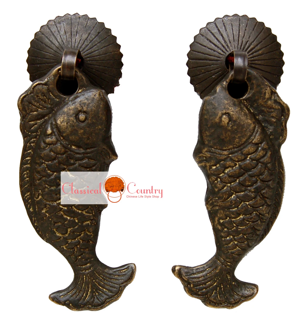 A Pair Fish Handles Drawer Knob Pull Brass Hardware Knife Coins