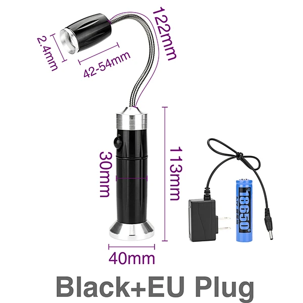 LED Portable Light Multifunctional Waterproof Working Lamp Magnetic Base Flexible Gooseneck Adjustable Focus Flashlight For BBQ - Мощность в ваттах: Black with EU Plug