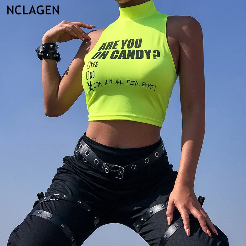 

NCLAGEN New Sexy Letter Print Women Tanks Turtleneck Camisole Workout Active Cropped Tank Tops Cargo Vest Mujer 2019 Camis