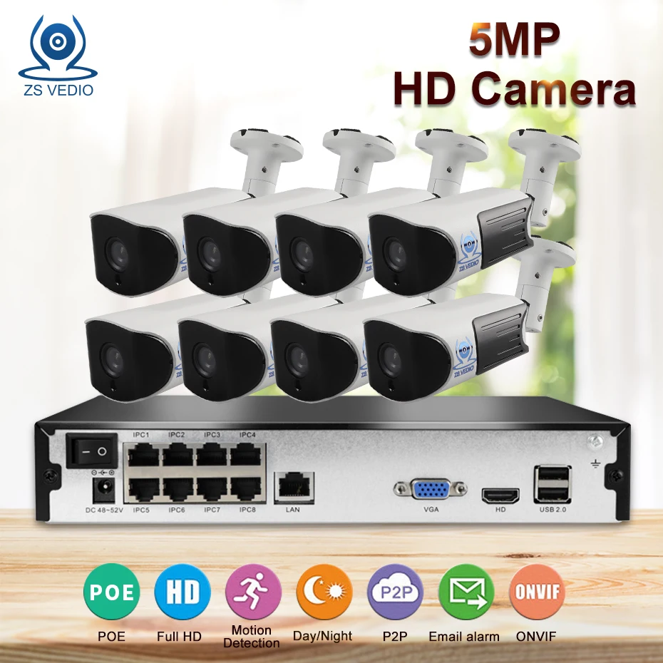

ZSVEDIO H.265 16CH nvr kit p2p onvif Surveillance 5mp IP Camera outdoor UHD male and play 8CH poe NVR system 8ch poe camera kit