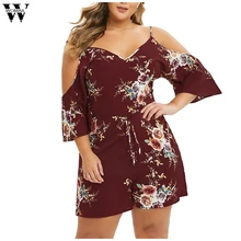 Womail, Модный женский комбинезон размера плюс с v-образным вырезом и открытыми плечами, повседневные Комбинезоны с коротким рукавом и принтом, коричневый и белый цвета, JUNE18