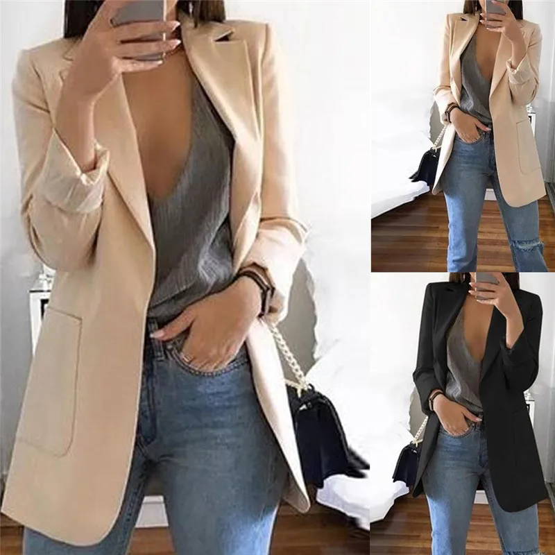 

Summer Fall Styles Women Slim Casual Blazer Jacket Tops Outwear Long Sleeve Career Formal Long Coat Cardigan Pockets OL Blazers